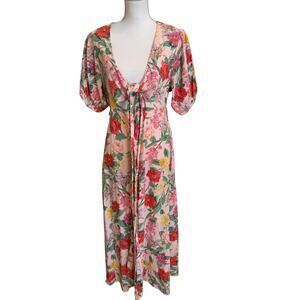 Old Navy Maxi Dress Large Pink Floral Puff Sleeve Linen Cut Out Twist Tie NWT
